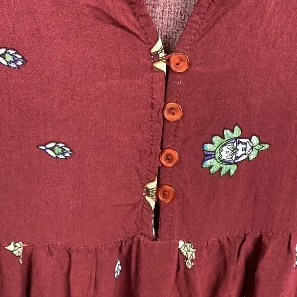 JAASE Palace Midi Dress Bohemian Burgundy Gypsy Print Pom Pom Detailing - L