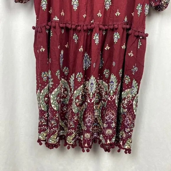 JAASE Palace Midi Dress Bohemian Burgundy Gypsy Print Pom Pom Detailing - L