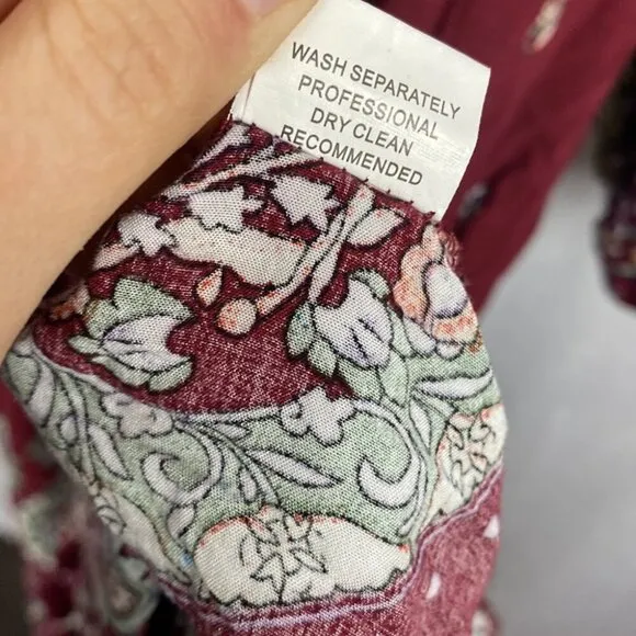 JAASE Palace Midi Dress Bohemian Burgundy Gypsy Print Pom Pom Detailing - L