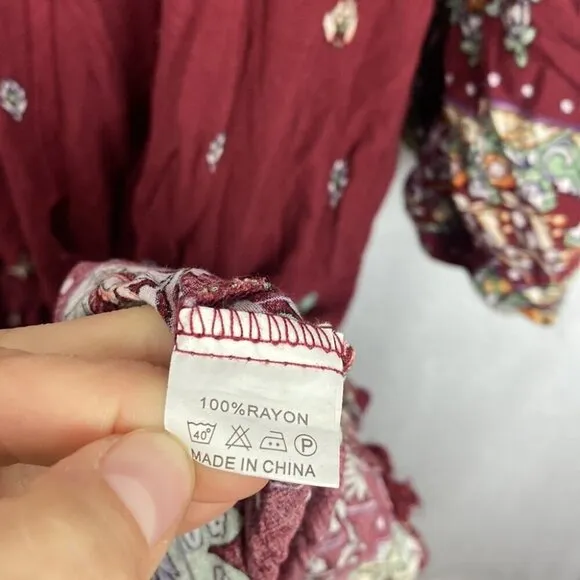 JAASE Palace Midi Dress Bohemian Burgundy Gypsy Print Pom Pom Detailing - L