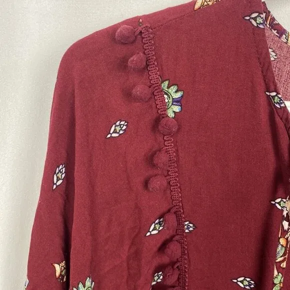JAASE Palace Midi Dress Bohemian Burgundy Gypsy Print Pom Pom Detailing - L