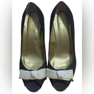 J.Crew Collection Blue Denim Peep Toe Heels Size 8.5 Bow Accent Made in Italy