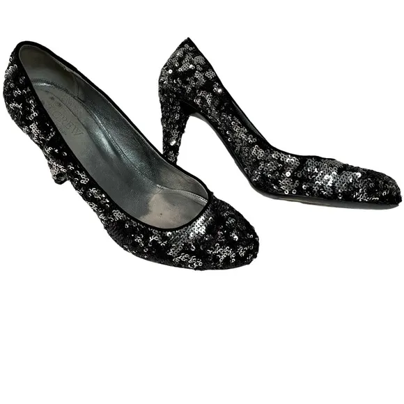 J.CREW COLLECTION Heels Sequins Leather Black Silver Pumps 8