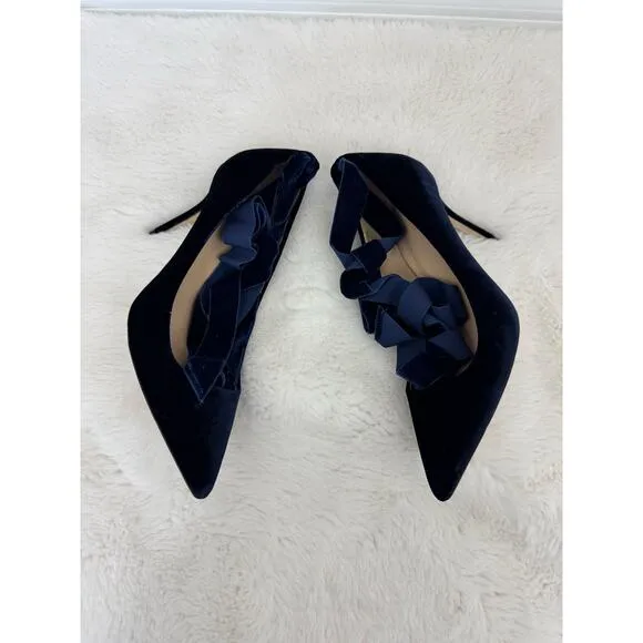 J.Crew Velvet Elsie Ankle Tie Pumps Sz 8.5 Navy Blue Balletcore Aesthetic Shoes