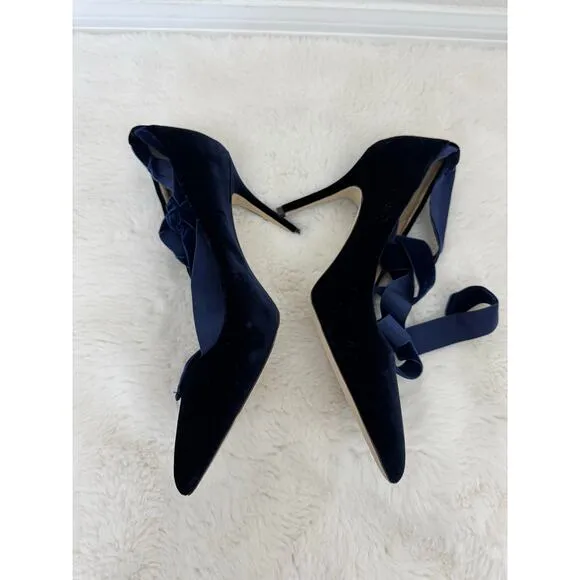 J.Crew Velvet Elsie Ankle Tie Pumps Sz 8.5 Navy Blue Balletcore Aesthetic Shoes