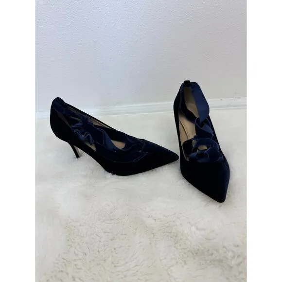 J.Crew Velvet Elsie Ankle Tie Pumps Sz 8.5 Navy Blue Balletcore Aesthetic Shoes