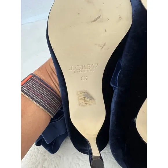 J.Crew Velvet Elsie Ankle Tie Pumps Sz 8.5 Navy Blue Balletcore Aesthetic Shoes