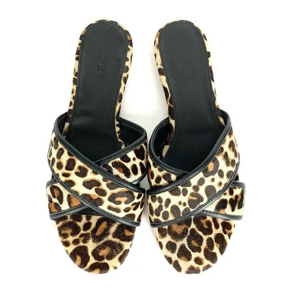 J.Crew Womens Cora Calf Hair Criss Cross Slide Sandals Leopard Print Size 8