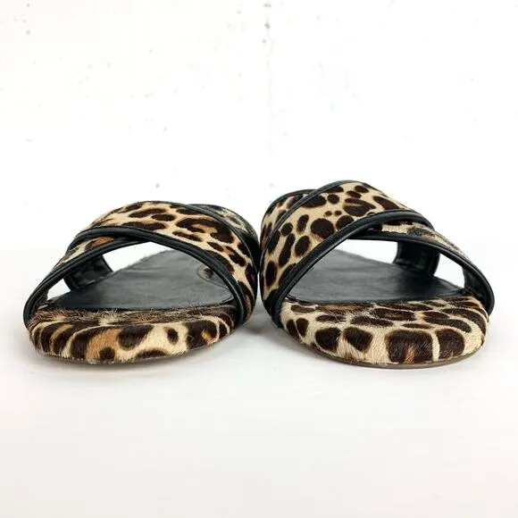 J.Crew Womens Cora Calf Hair Criss Cross Slide Sandals Leopard Print Size 8