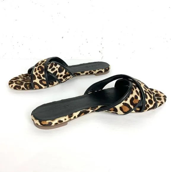 J.Crew Womens Cora Calf Hair Criss Cross Slide Sandals Leopard Print Size 8