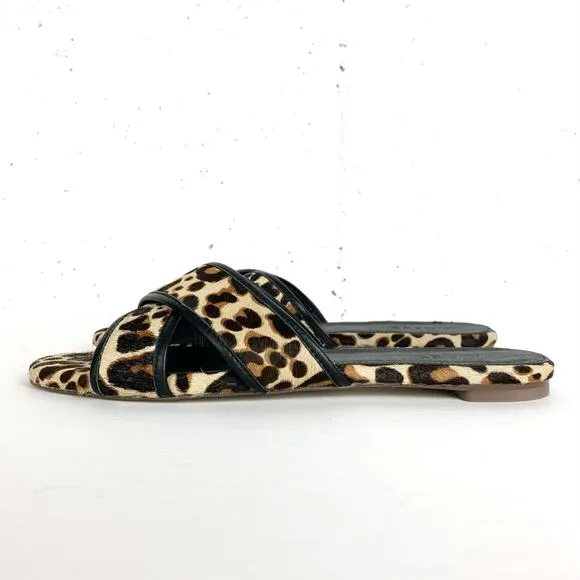 J.Crew Womens Cora Calf Hair Criss Cross Slide Sandals Leopard Print Size 8