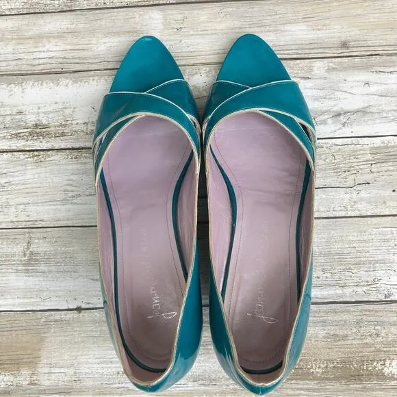 Jean-Michel Cazabat Shoes Sz 41 US 9 Teal Silver  Patent Leather Wedge Heel Y2K