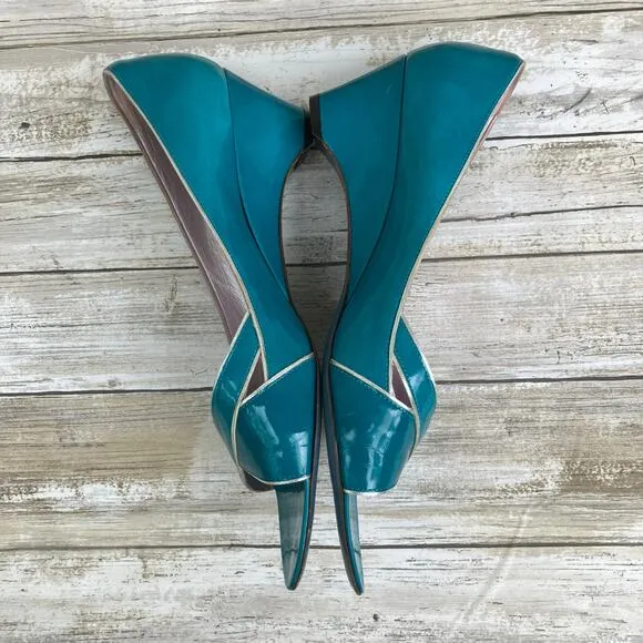 Jean-Michel Cazabat Shoes Sz 41 US 9 Teal Silver  Patent Leather Wedge Heel Y2K
