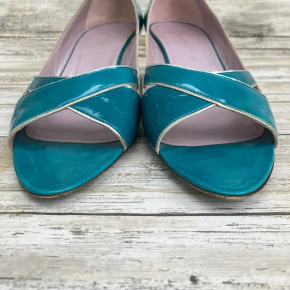 Jean-Michel Cazabat Shoes Sz 41 US 9 Teal Silver  Patent Leather Wedge Heel Y2K