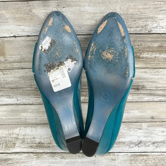 Jean-Michel Cazabat Shoes Sz 41 US 9 Teal Silver  Patent Leather Wedge Heel Y2K