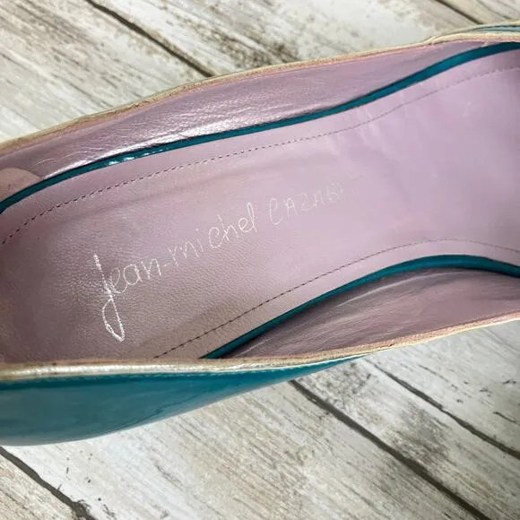 Jean-Michel Cazabat Shoes Sz 41 US 9 Teal Silver  Patent Leather Wedge Heel Y2K