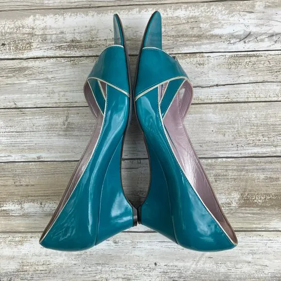 Jean-Michel Cazabat Shoes Sz 41 US 9 Teal Silver  Patent Leather Wedge Heel Y2K