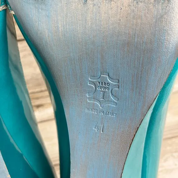 Jean-Michel Cazabat Shoes Sz 41 US 9 Teal Silver  Patent Leather Wedge Heel Y2K