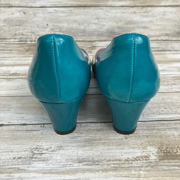 Jean-Michel Cazabat Shoes Sz 41 US 9 Teal Silver  Patent Leather Wedge Heel Y2K