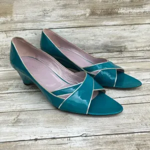 Jean-Michel Cazabat Shoes Sz 41 US 9 Teal Silver  Patent Leather Wedge Heel Y2K