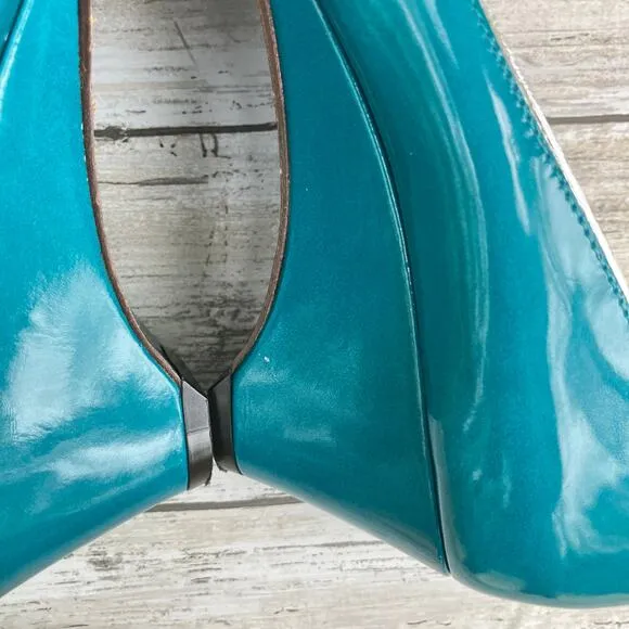 Jean-Michel Cazabat Shoes Sz 41 US 9 Teal Silver  Patent Leather Wedge Heel Y2K