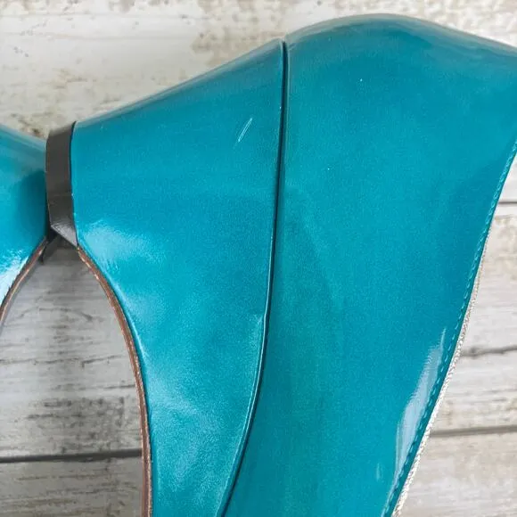 Jean-Michel Cazabat Shoes Sz 41 US 9 Teal Silver  Patent Leather Wedge Heel Y2K