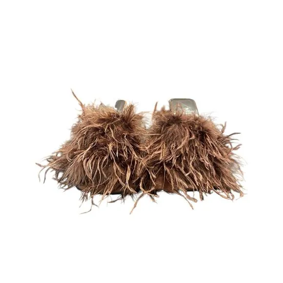 Jeffrey Campbell Chauffeur Feather Mule Heels Sandals Square Toe Brown Size 6