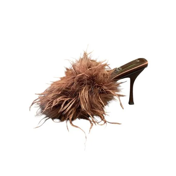 Jeffrey Campbell Chauffeur Feather Mule Heels Sandals Square Toe Brown Size 6