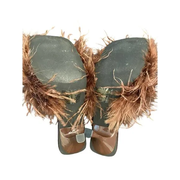 Jeffrey Campbell Chauffeur Feather Mule Heels Sandals Square Toe Brown Size 6