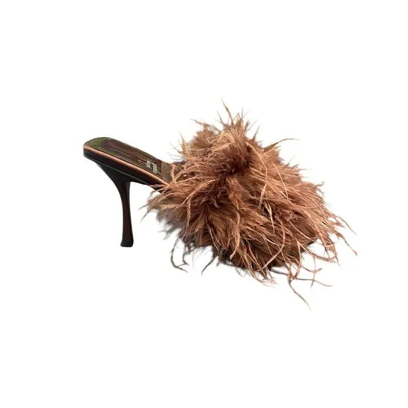 Jeffrey Campbell Chauffeur Feather Mule Heels Sandals Square Toe Brown Size 6