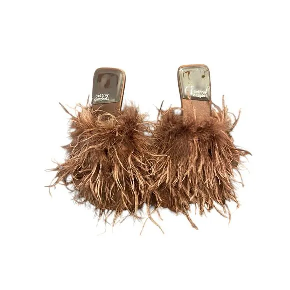 Jeffrey Campbell Chauffeur Feather Mule Heels Sandals Square Toe Brown Size 6