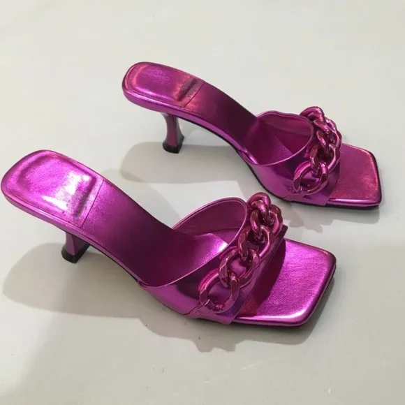 Jeffrey Campbell Hot Pink Metallic Kitten Heel Mr Big Chain Slide Sandals