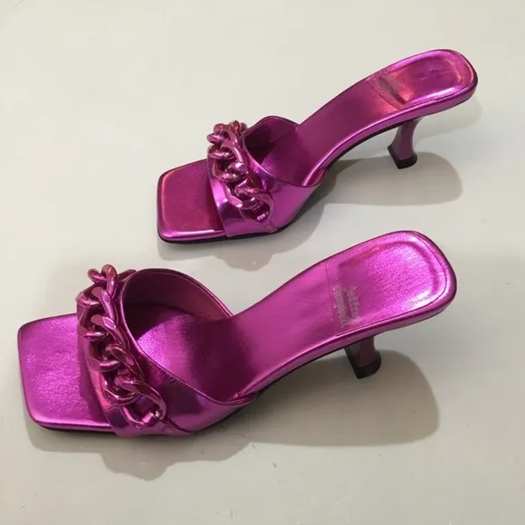 Jeffrey Campbell Hot Pink Metallic Kitten Heel Mr Big Chain Slide Sandals