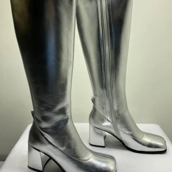 Jeffrey Campbell Women’s Hot Lava K2 Boots – Silver – Size 7 – High Heel Knee-Hi
