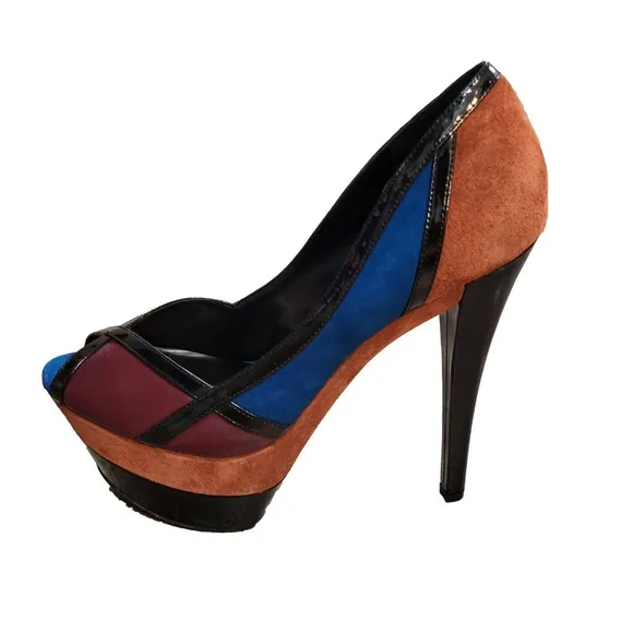 Jessica Simpson Retro Patent Suede Peep Toe Stiletto Platform Heeled Shoes 8B