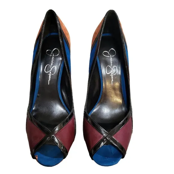 Jessica Simpson Retro Patent Suede Peep Toe Stiletto Platform Heeled Shoes 8B