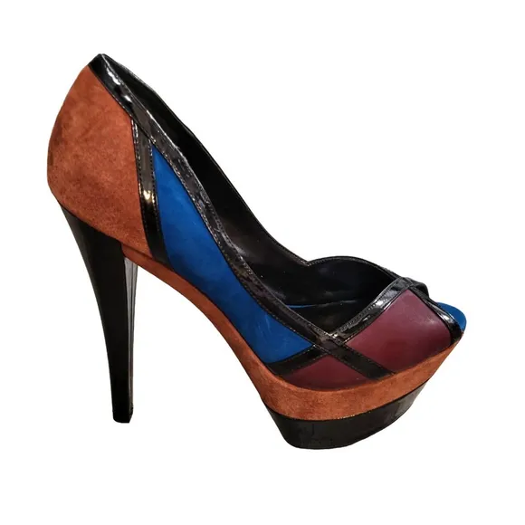 Jessica Simpson Retro Patent Suede Peep Toe Stiletto Platform Heeled Shoes 8B