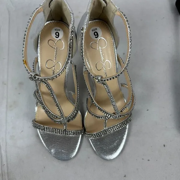 Jessica Simpson Silver &amp; Black Rhinestone Strappy Heels 9M/40
