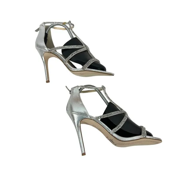 Jessica Simpson Silver &amp; Black Rhinestone Strappy Heels 9M/40