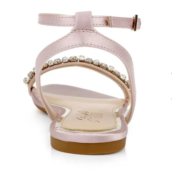 Jewel Badgley Mischka Daria Pearl and Crystal Flat Sandals Pink Wedding, 9, NWOB