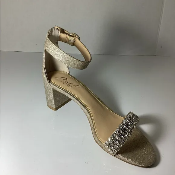 Jewel Badgley MISCHKA Gold Glitter Block Heel Sandals floor sample