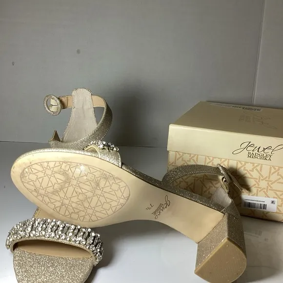 Jewel Badgley MISCHKA Gold Glitter Block Heel Sandals floor sample