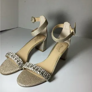 Jewel Badgley MISCHKA Gold Glitter Block Heel Sandals floor sample
