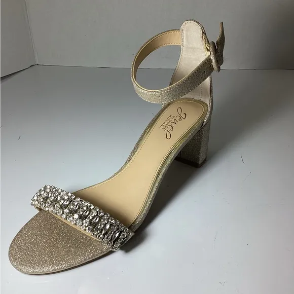 Jewel Badgley MISCHKA Gold Glitter Block Heel Sandals floor sample