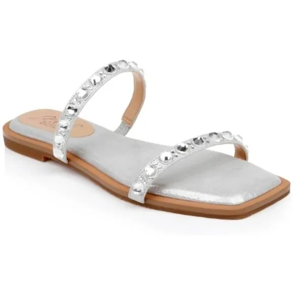 Jewel Badgley Mischka Honesty Flat Sandals Gemstone-Studded Straps Size 9 Silver