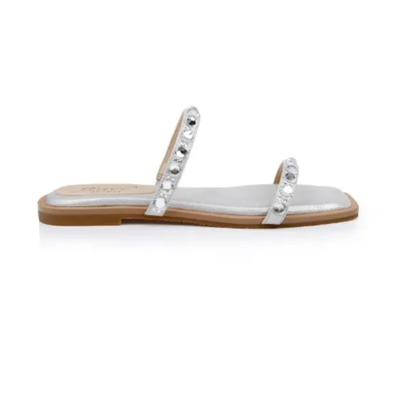 Jewel Badgley Mischka Honesty Flat Sandals Gemstone-Studded Straps Size 9 Silver
