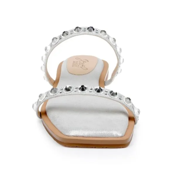 Jewel Badgley Mischka Honesty Flat Sandals Gemstone-Studded Straps Size 9 Silver