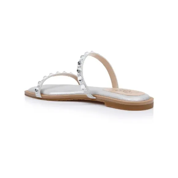 Jewel Badgley Mischka Honesty Flat Sandals Gemstone-Studded Straps Size 9 Silver