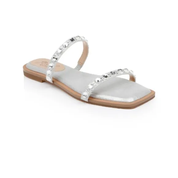 Jewel Badgley Mischka Honesty Flat Sandals Gemstone-Studded Straps Size 9 Silver