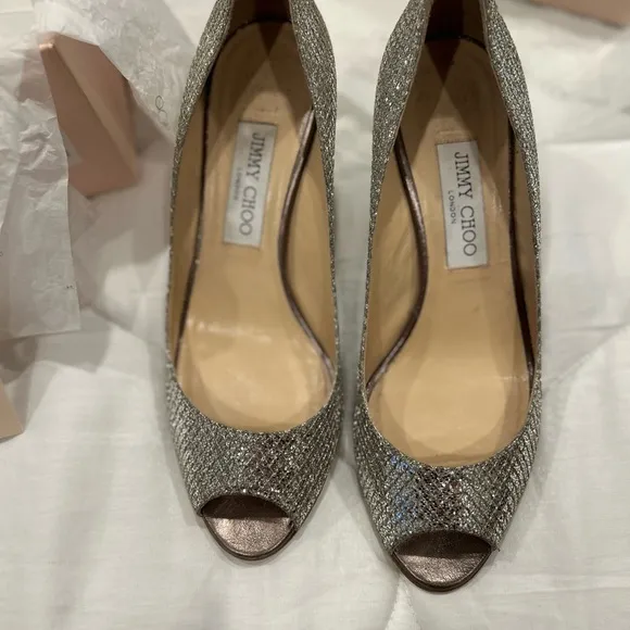 Jimmy Choo 2471SABEL Glitter fabric Wedding 2 inch heal Pumps Champagne Size 38